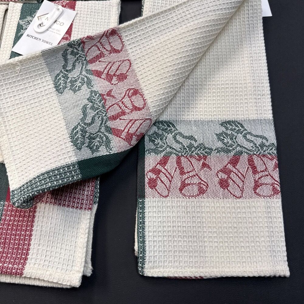 Kitchen Towels Green Red Tartan Plaid Bells Holly Waffle 100% Cotton NWT 5 Set - Picture 5 of 7